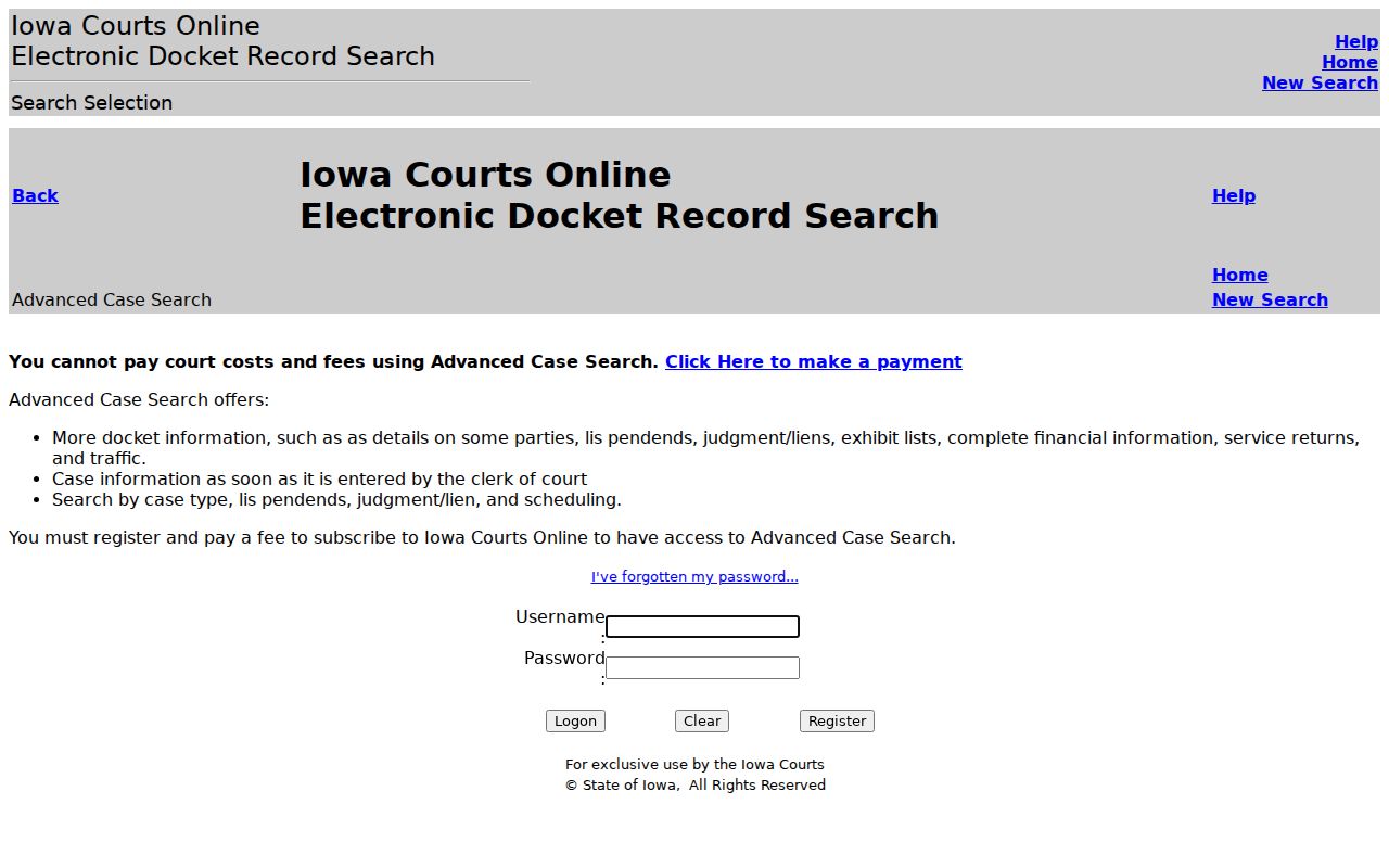 Iowa criminal court cases online search interface