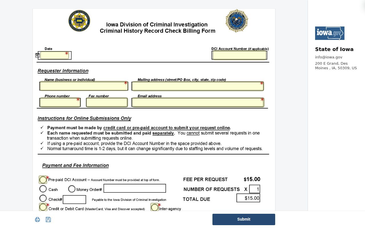 Iowa DCI criminal history online request form