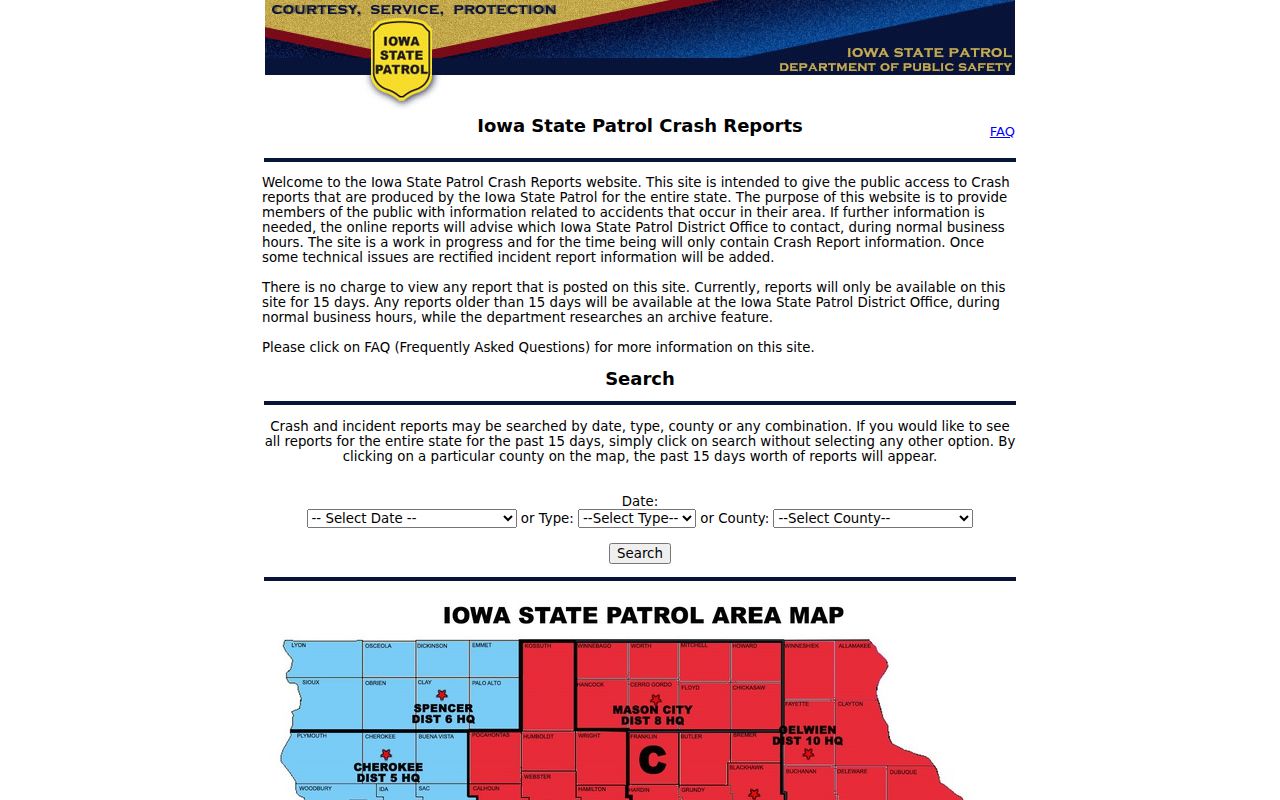 Iowa State Patrol criminal incident and crash report search