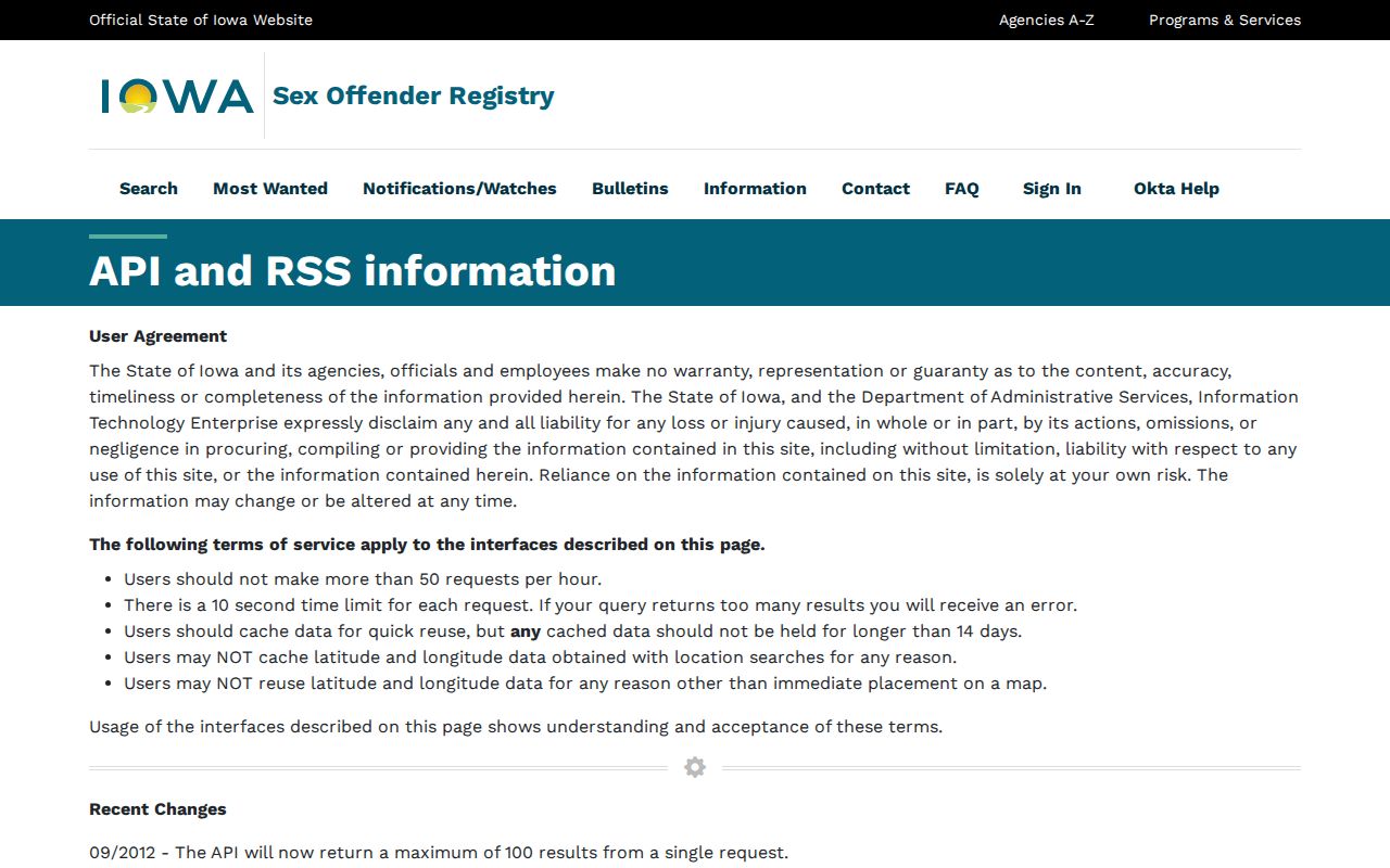 Iowa sex offender registry search fields and API specification
