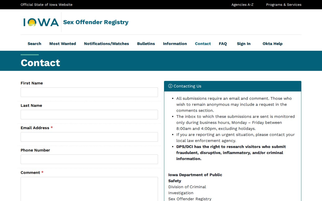Iowa sex offender registry official contact form